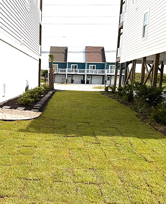 Fresh sod installation with foundation shrubs, decorative stone borders, and professionally prepared planting beds between elevated homes.