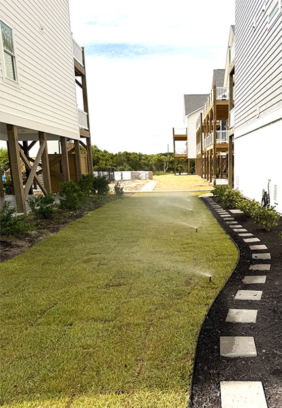 Newly installed sod with an in-ground irrigation system, landscape edging, and foundation plantings creating a healthy, low-maintenance lawn.
